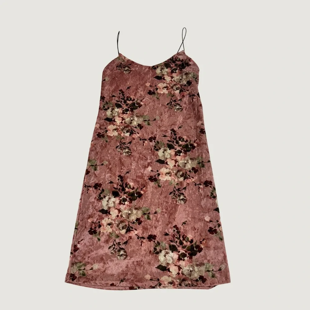 Polly & Esther Pink Floral Crushed Velvet Slip Dress Womens S Spaghetti Strap